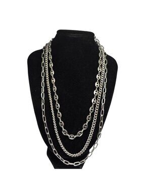 Multi Strand Silver Tone Layered Chain Necklace Paperclip Curb Link Adjustable